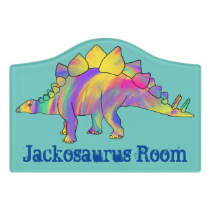 Colorful Rainbow Stegosaurus Dinosaur Boys Name Door Sign