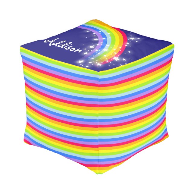 Colorful rainbow stripe kids name square pouf (Angled Front)