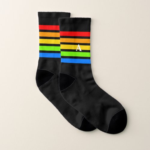 Colorful Rainbow Stripe Monogrammed Mens Black Socks