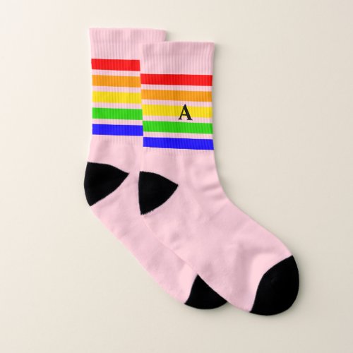 Colorful Rainbow Stripe Monogrammed Mens Pink Socks