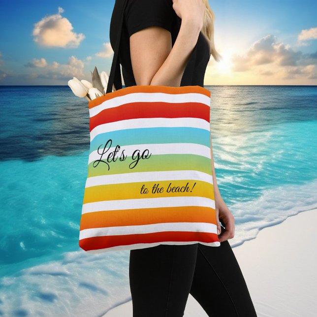 Colorful Rainbow Striped Pattern Bag (Colorful turquoise rainbow striped summer beach tote bag with custom background color)