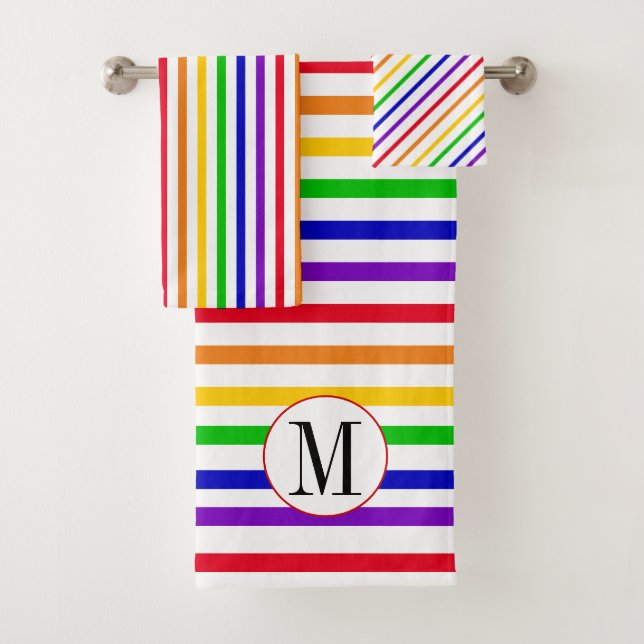 Colorful rainbow stripes and monogram bath towel set (Insitu)
