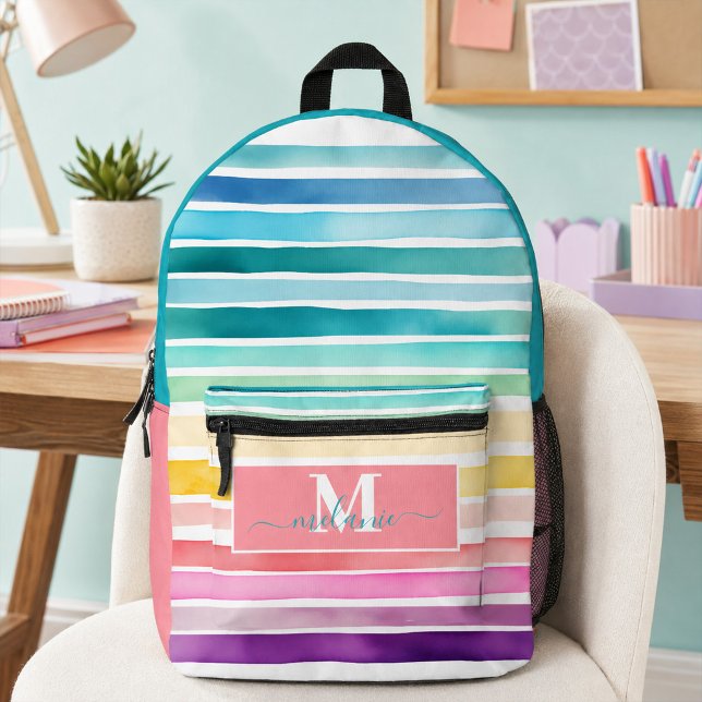 Colorful Rainbow Stripes Custom Monogram Name  Printed Backpack (Colorful Stripes Rainbow Custom Monogram Name Printed Backpack)