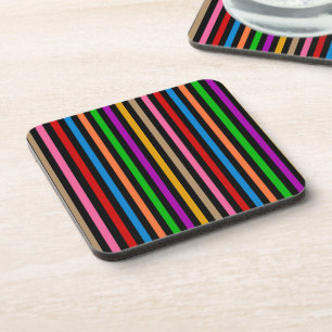 Colorful Rainbow Stripes Lines Design - Black Beverage Coaster