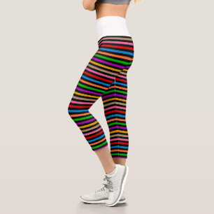 Colorful Rainbow Stripes Lines Design - Black Capri Leggings