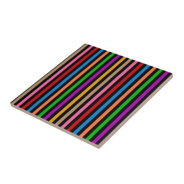 Colorful Rainbow Stripes Lines Design - Black  Ceramic Tile (Side)