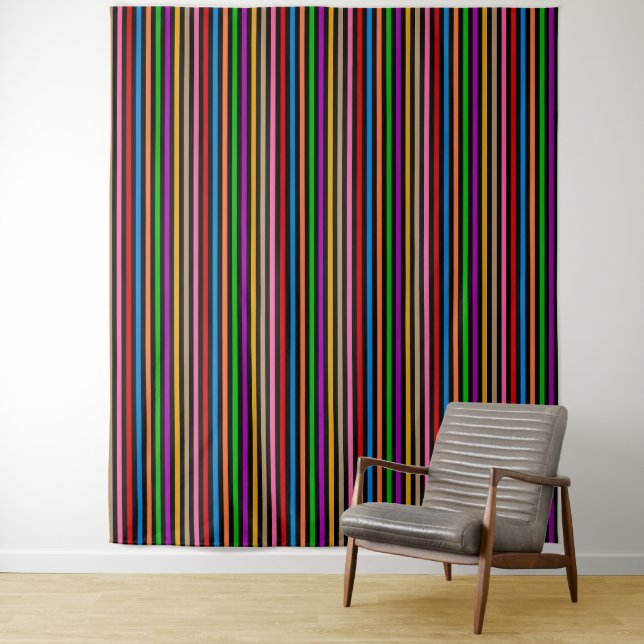 Colorful Rainbow Stripes Lines Design - Black  Tapestry (In Situ)