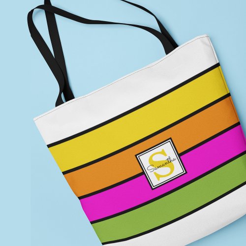 Colorful Rainbow Stripes Monogram Tote Bag
