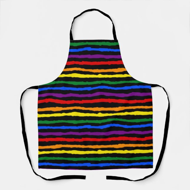 Colorful Rainbow Stripes on Custom Black Apron (Front)