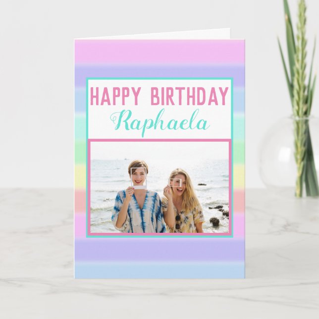 Colorful Rainbow Stripes Photo Happy Birthday Card (Front)