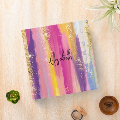 Colorful Rainbow Stripes with Faux Gold Glitter 3 Ring Binder