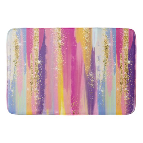 Colorful Rainbow Stripes with Faux Gold Glitter Bath Mat