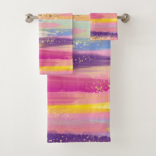 Colorful Rainbow Stripes with Faux Gold Glitter Bath Towel Set