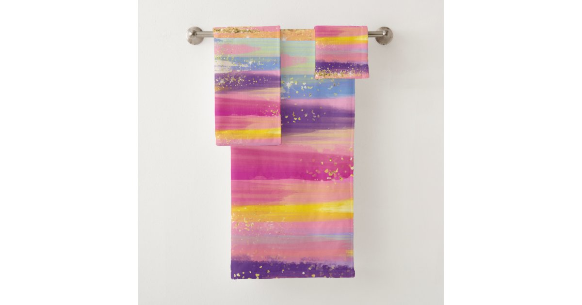 Colorful Rainbow Stripes with Faux Gold Glitter Bath Towel Set Zazzle