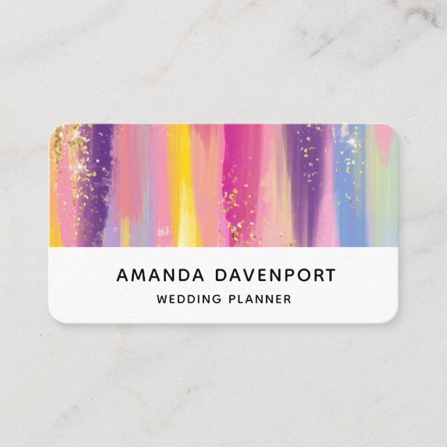 Colorful Rainbow Stripes with Faux Gold Glitter Business Card (Front)