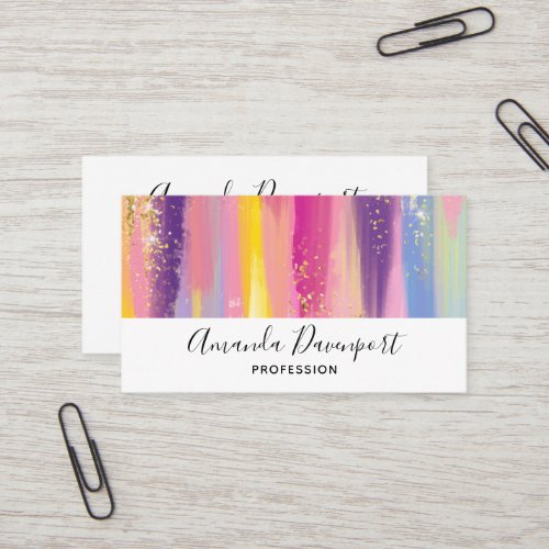 Colorful Rainbow Stripes with Faux Gold Glitter Business Card