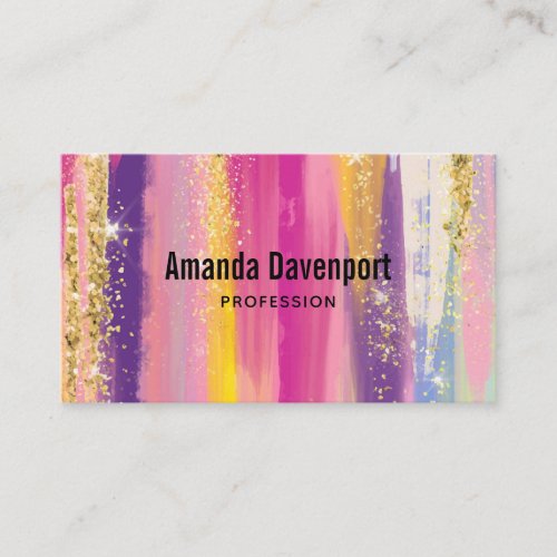 Colorful Rainbow Stripes with Faux Gold Glitter Business Card