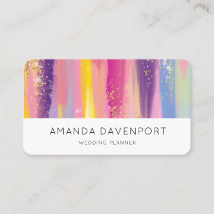 Colorful Rainbow Stripes with Faux Gold Glitter Business Card