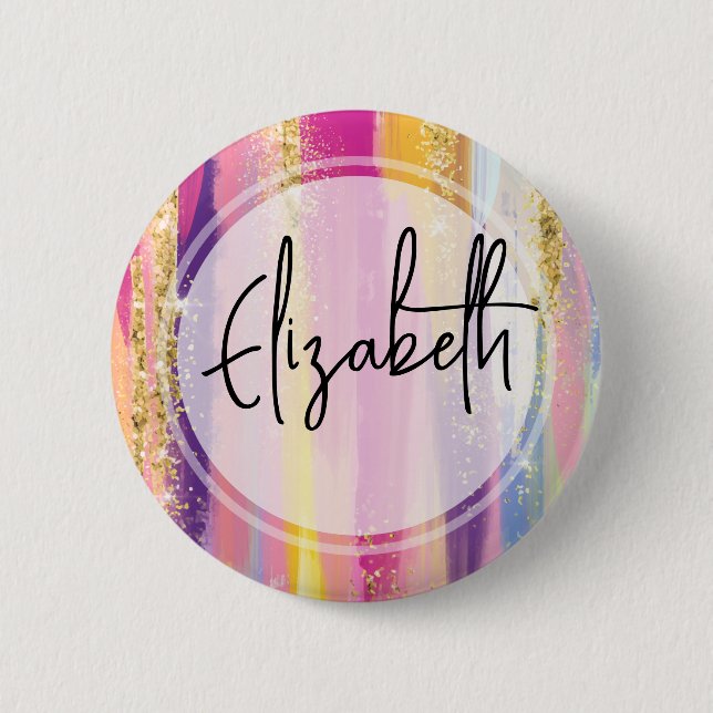 Colorful Rainbow Stripes with Faux Gold Glitter Button (Front)