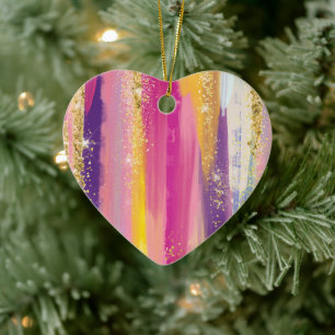 Colorful Rainbow Stripes with Faux Gold Glitter Ceramic Ornament