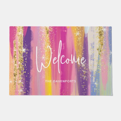 Colorful Rainbow Stripes with Faux Gold Glitter Doormat