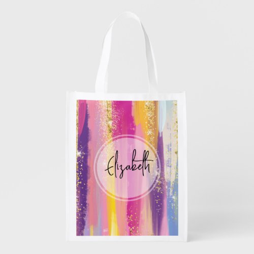 Colorful Rainbow Stripes with Faux Gold Glitter Grocery Bag