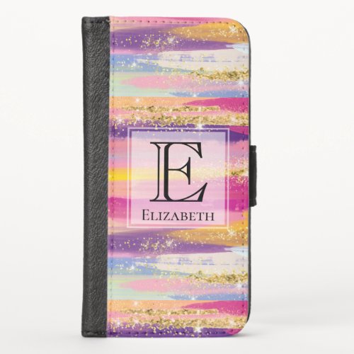 Colorful Rainbow Stripes with Faux Gold Glitter iPhone X Wallet Case