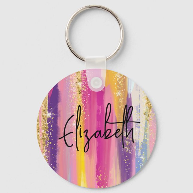 Colorful Rainbow Stripes with Faux Gold Glitter Keychain (Front)