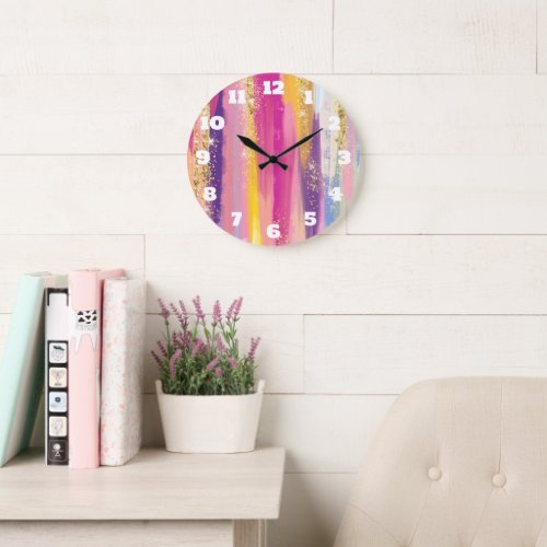 Colorful Rainbow Stripes with Faux Gold Glitter Large Clock