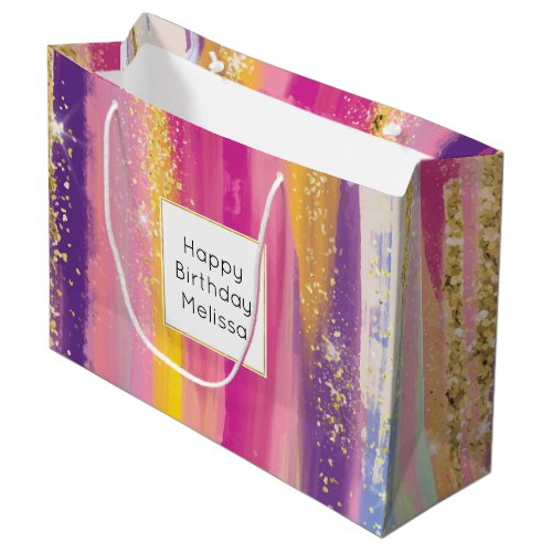 Colorful Rainbow Stripes with Faux Gold Glitter Large Gift Bag