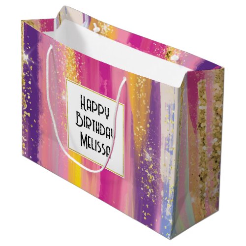 Colorful Rainbow Stripes with Faux Gold Glitter Large Gift Bag