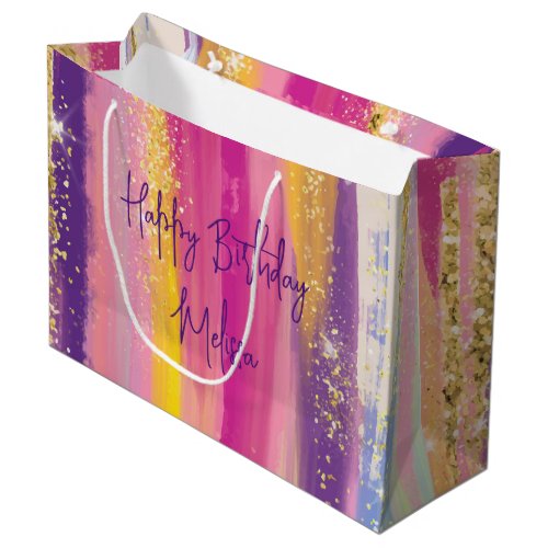 Colorful Rainbow Stripes with Faux Gold Glitter Large Gift Bag