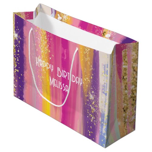 Colorful Rainbow Stripes with Faux Gold Glitter Large Gift Bag