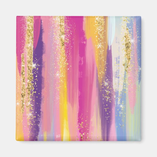 Colorful Rainbow Stripes with Faux Gold Glitter Magnet (Front)