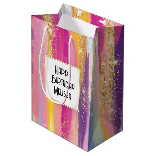 Colorful Rainbow Stripes with Faux Gold Glitter Medium Gift Bag