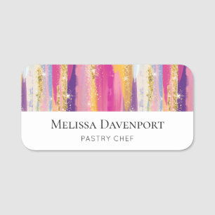 Colorful Rainbow Stripes with Faux Gold Glitter Name Tag