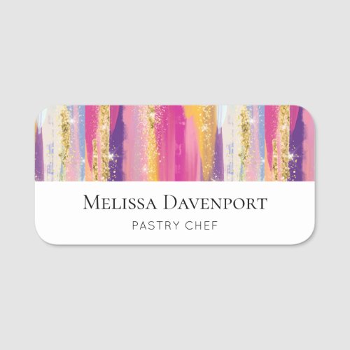 Colorful Rainbow Stripes with Faux Gold Glitter Name Tag