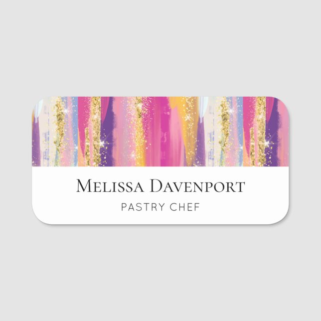 Colorful Rainbow Stripes with Faux Gold Glitter Name Tag (Front)