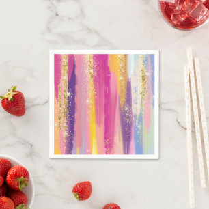 Colorful Rainbow Stripes with Faux Gold Glitter Napkins