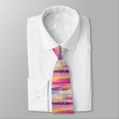 Colorful Rainbow Stripes with Faux Gold Glitter Neck Tie