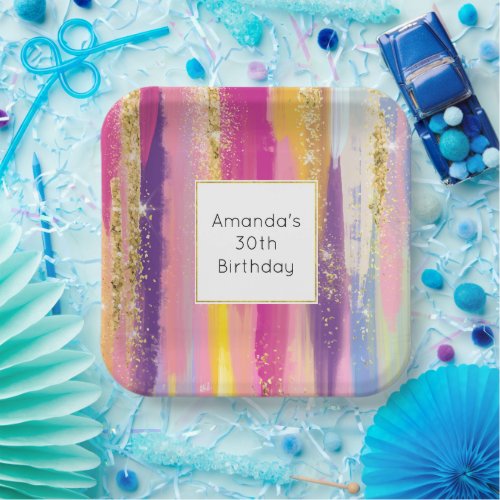 Colorful Rainbow Stripes with Faux Gold Glitter Paper Plates