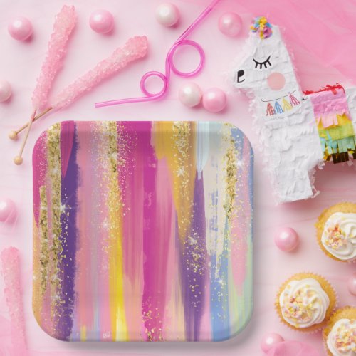 Colorful Rainbow Stripes with Faux Gold Glitter Paper Plates