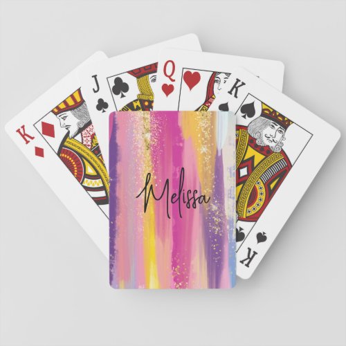 Colorful Rainbow Stripes with Faux Gold Glitter Poker Cards