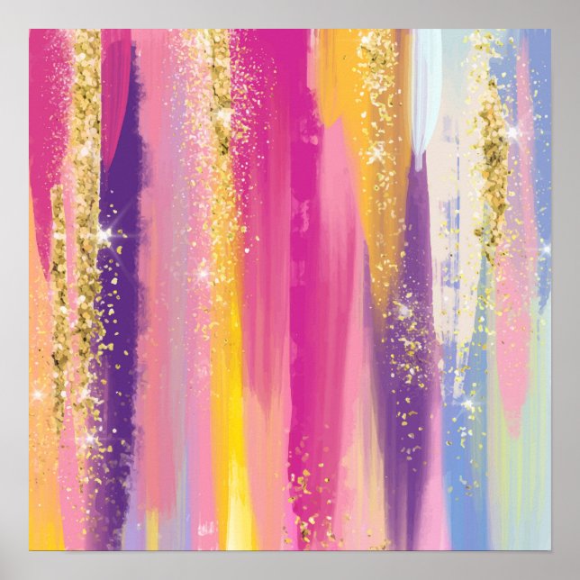Colorful Rainbow Stripes with Faux Gold Glitter Poster (Front)
