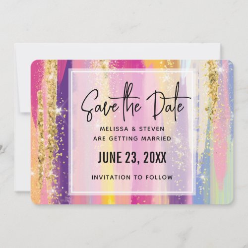 Colorful Rainbow Stripes with Faux Gold Glitter Save The Date