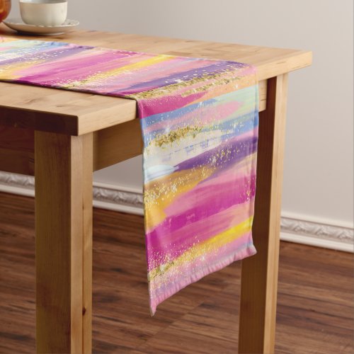 Colorful Rainbow Stripes with Faux Gold Glitter Short Table Runner