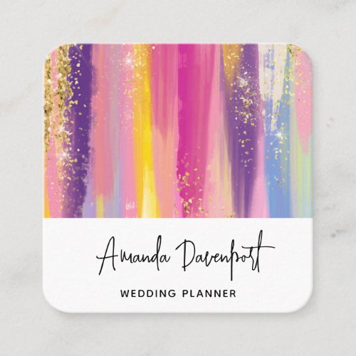 Colorful Rainbow Stripes with Faux Gold Glitter Square Business Card