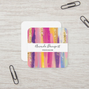 Colorful Rainbow Stripes with Faux Gold Glitter Square Business Card
