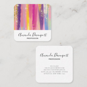 Colorful Rainbow Stripes with Faux Gold Glitter Square Business Card