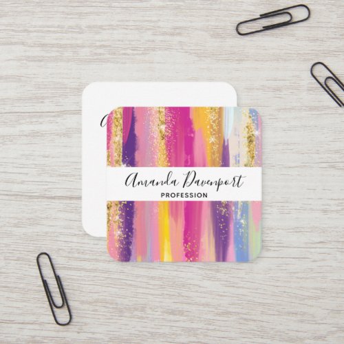 Colorful Rainbow Stripes with Faux Gold Glitter Square Business Card